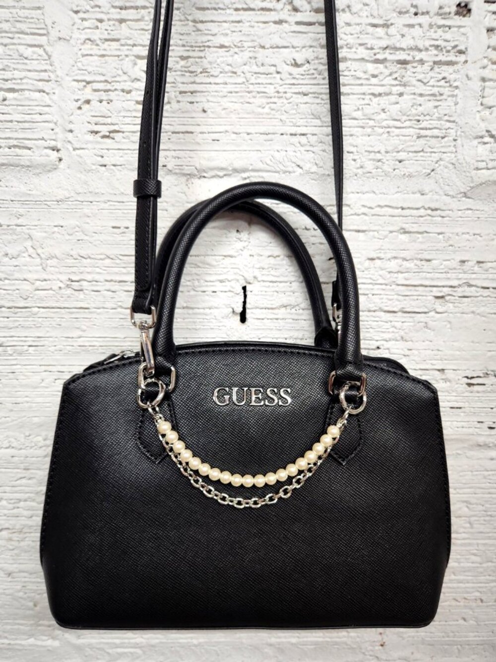 NWOT Guess Jeanine Faux Pearl Leather Charm Black Satchel Handbag